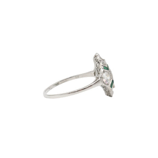 Art Deco Platinum Emerald & Old European-Cut Diamond Plaque Ring