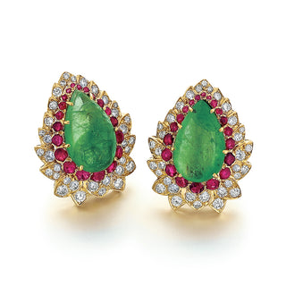Estate David Webb 18K Gold Cabochon Emerald, Ruby and Diamond Earrings