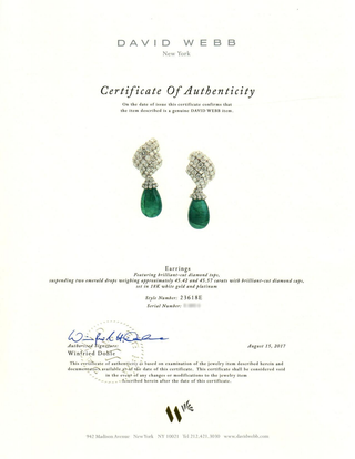 Estate David Webb Platinum Cabochon Emerald & Diamond Drop Earrings