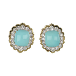 Estate David Webb Turquoise Clip Earrings with Diamonds