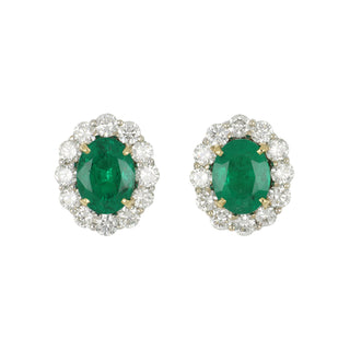 18K Whte and Yellow Gold Emerald Stud Earrings with Diamonds