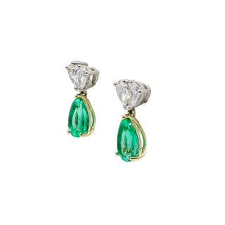 18K Gold Pear Shape Emerald Drop Earrings with Diamonds