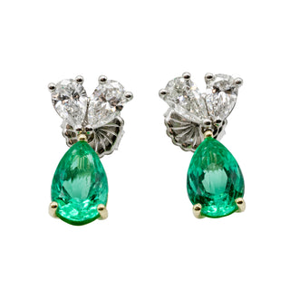18K Gold Pear Shape Emerald Drop Earrings with Diamonds