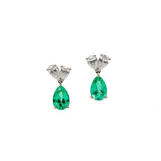 18K Gold Pear Shape Emerald Drop Earrings with Diamonds