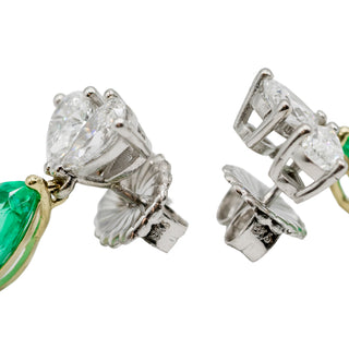 18K Gold Pear Shape Emerald Drop Earrings with Diamonds