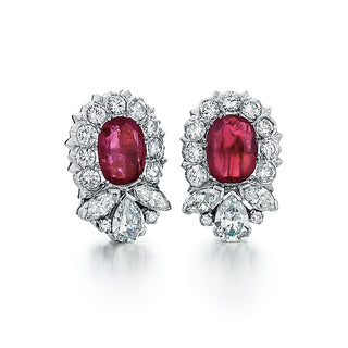 Vintage 1980s Platinum Ruby and Diamond Cluster Earrings