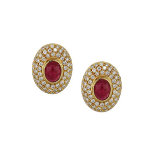 Vintage 1980s 18K Gold Ruby & Diamond Clip Earrings