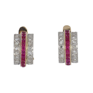 Mid-Century Platinum and 18K Gold Ruby and Diamond Huggies