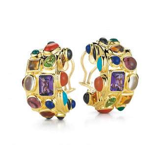 Seaman Schepps 18K Gold Multi Gemstone Fifties Hoop Earrings