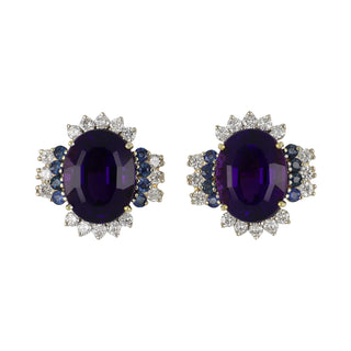 Estate 18K Gold Amethyst Clip Earrings with Diamonds and Sapphires