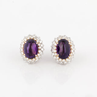 Vintage 1980s 18K Gold Cabochon Amethyst Earrings with Diamonds