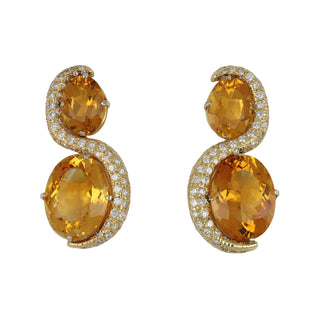 Vintage 1980s 18K Gold Oval Citrine Earrings with Diamonds