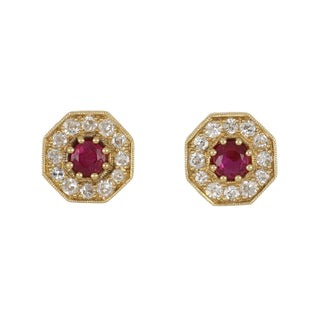 Tenenbaum 18K Gold Ruby & Diamond Octagonal Stud Earrings
