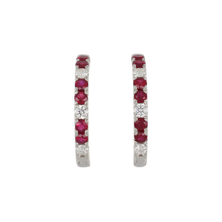 14K White Gold Ruby Hoop Earrings with Diamonds