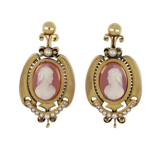 Victorian 14K Gold Agate Cameo Earrings