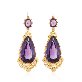 Georgian 22K Gold Cannetille Amethyst Drop Earrings