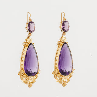 Georgian 22K Gold Cannetille Amethyst Drop Earrings