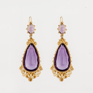 Georgian 22K Gold Cannetille Amethyst Drop Earrings