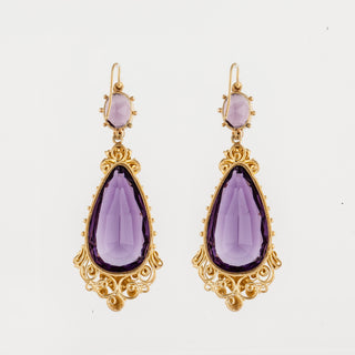 Georgian 22K Gold Cannetille Amethyst Drop Earrings