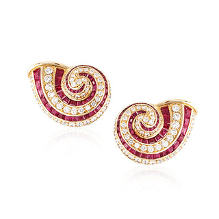 Vintage Tiffany & Co. 18K Gold Ruby and Diamond Nautilus Earrings
