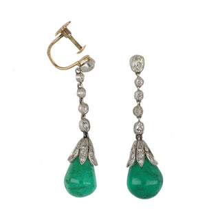 Art Deco Two-Tone Emerald Drop Earrings with Diamonds