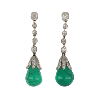 Art Deco Two-Tone Emerald Drop Earrings with Diamonds