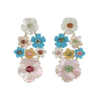 18K Gold Mother of Pearl and Multi Gemstone Flower Earrings