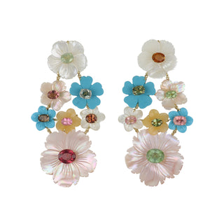 18K Gold Mother of Pearl and Multi Gemstone Flower Earrings