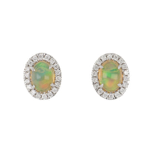 14K White Gold Opal Stud Earrings with Diamonds