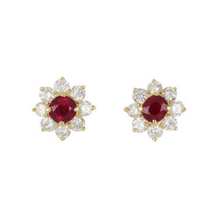 18K Gold Burmese Ruby Cluster Stud Earrings with Diamonds