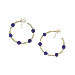 Tenenbaum 18K Gold Lapis Bead Medium Hoop Earrings