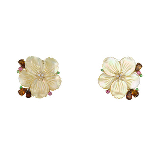 Tenenbaum 18K Gold Golden Mother Of Pearl Flower Earrings with Tourmalines