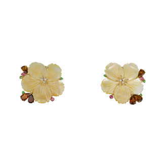 Tenenbaum 18K Gold Golden Mother Of Pearl Flower Earrings with Tourmalines