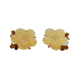 Tenenbaum 18K Gold Golden Mother Of Pearl Flower Earrings with Tourmalines