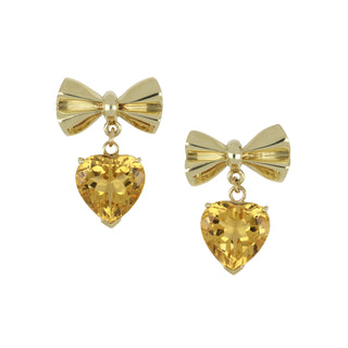 Vintage 1990s Gold Heart Shape Citrine Drop Earrings with Bows