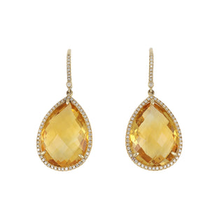 Estate 14K Gold Checkerboard-Cut Citrine Drop Earrings with Diamonds