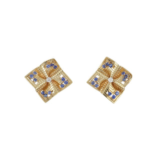 Mid-Century Tiffany & Co. 14K Gold Beveled Origami Sapphire Clip Earrings with Diamonds