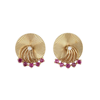 Retro 1940s Tiffany & Co. 14K Ruby & Diamond Disc Earrings