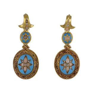 Victorian Etruscan Revival Coral and Enamel Drop Earrings with Diamonds