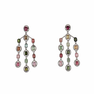 Maharaja  Gold and Sterloing Silver Quartz Multi Drop Earrings with Tourmaline