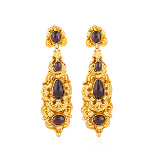 Georgian 18K Gold Scrollwork Pendant Earrings with Cabochon Garnets