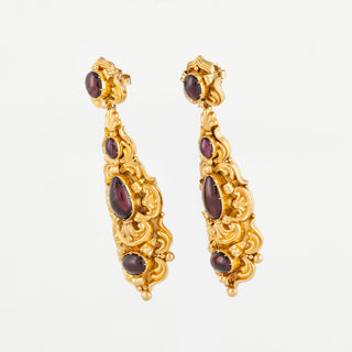 Georgian 18K Gold Scrollwork Pendant Earrings with Cabochon Garnets