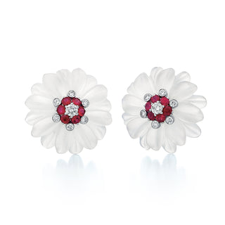 Estate Aletto Brothers 18K White Gold Rock Crystal Flower Earrings with Rubies & Diamonds