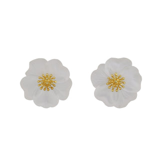 18K Carved Rock Crystal Flower Stud Earrings