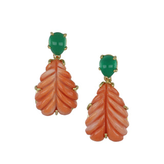 18K Carved Coral & Chrysoprase Drop Earrings