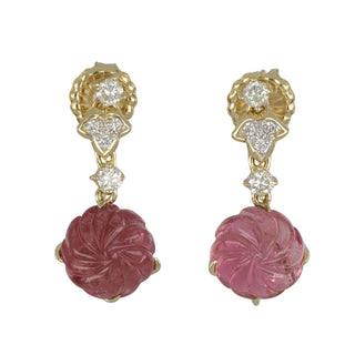 Estate Carved Rubellite Tourmaline Drop Earrings with Diamonds