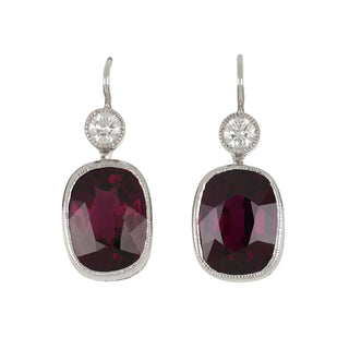 Estate 14K Cushion Cut Garnet & Diamond Drop Earrings