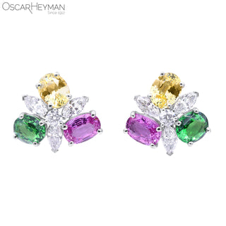 Oscar Heyman Two-Tone Garnet and Sapphire Cluster Earrings with Diamonds