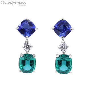 Oscar Heyman Platinum Ceylon Sapphire and Zambian Emerald Drop Earrings
