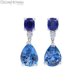 Oscar Heyman Platinum Ceylon Sapphire and Aquamarine Drop Earrings with Diamonds